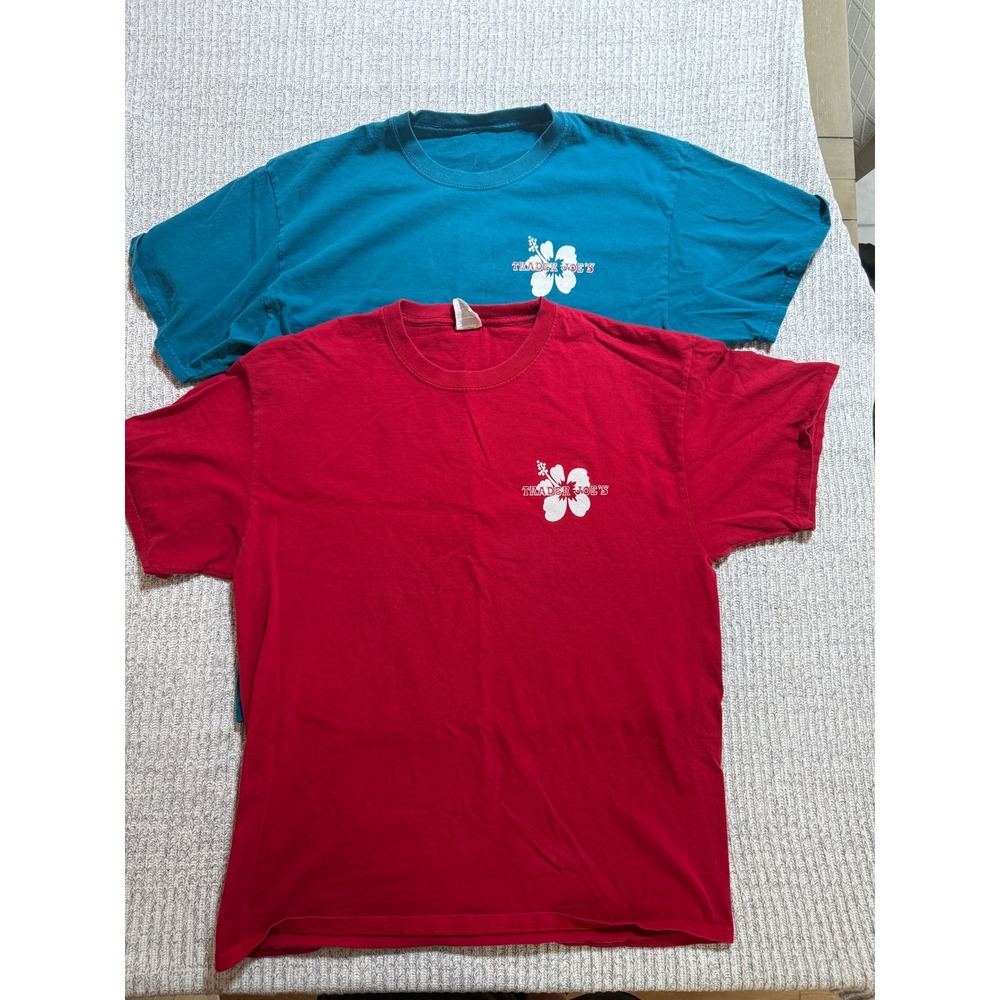 Trader Joe's Shirt Mens Large Red Teal Hibiscus Floral Logo Cotton T-Shirt Lot 2
